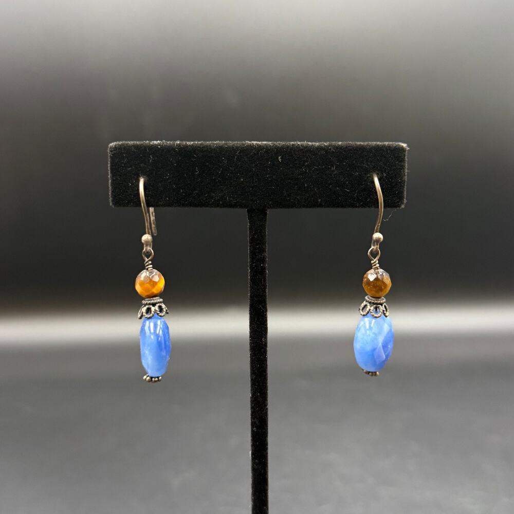 Vintage Sterling Silver Blue and Brown Dangle Bead Earrings